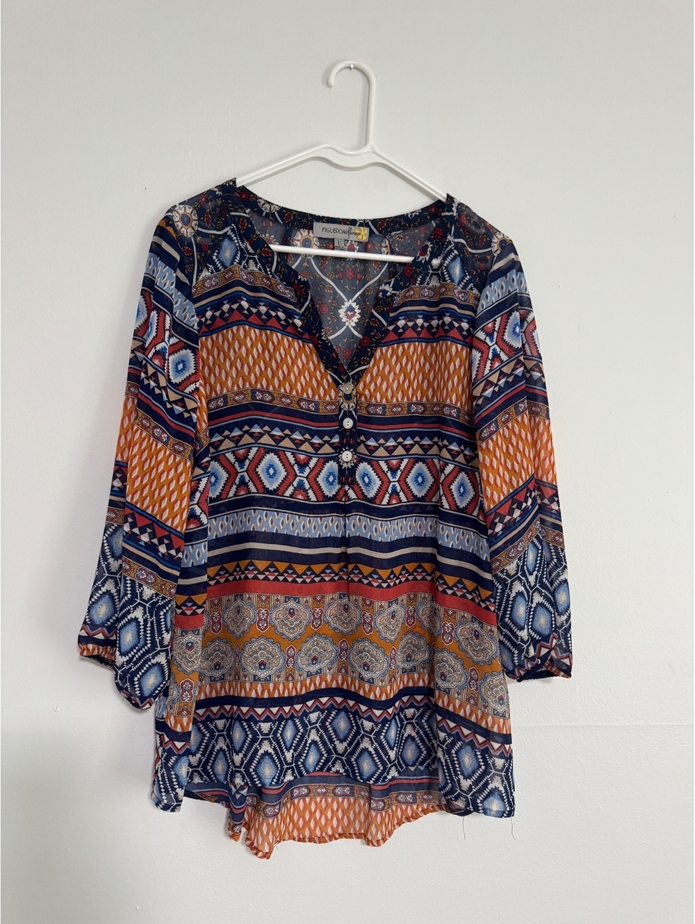 Figueroa & Flower Bohemian Patterned Blouse Size Large - Picture 3 of 9